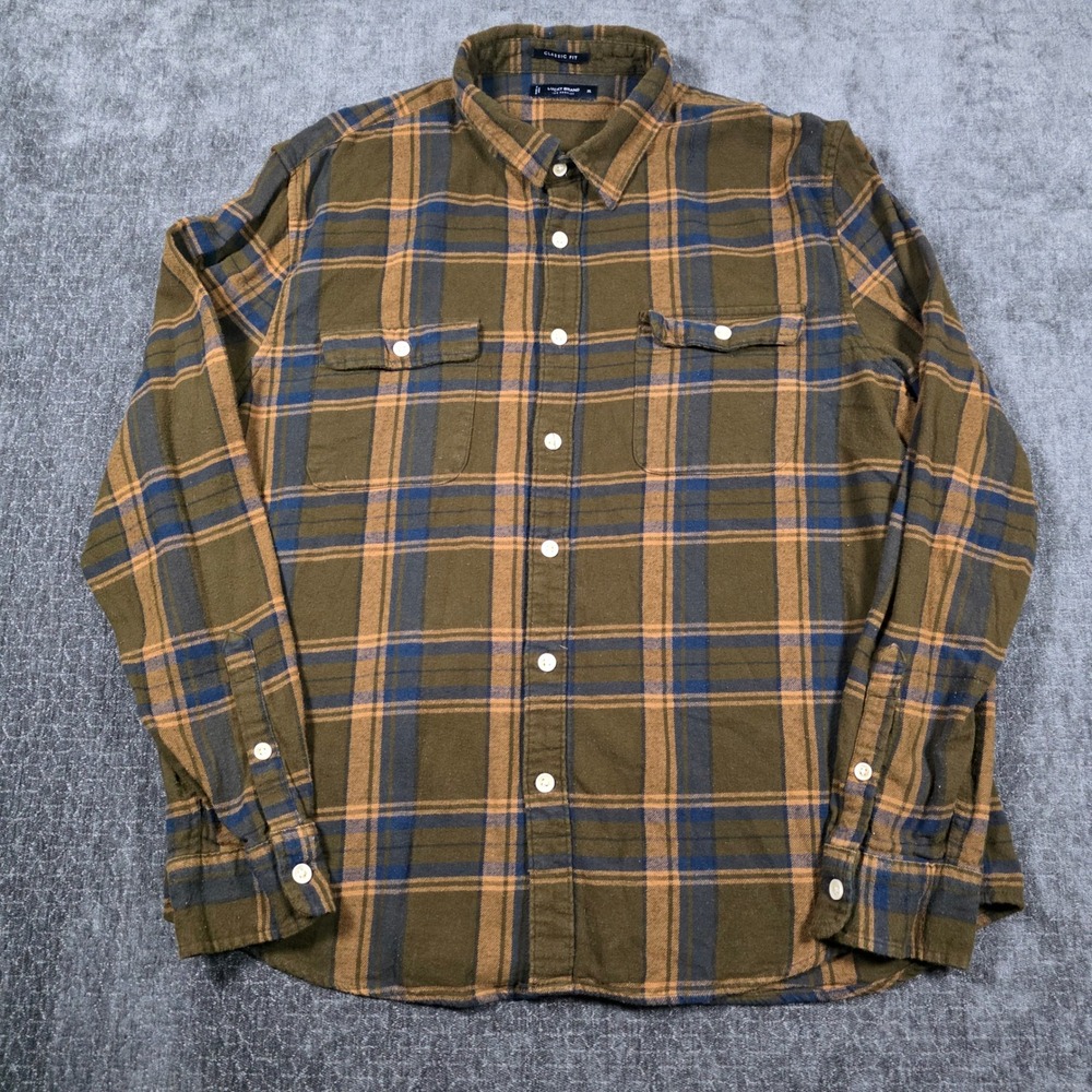 Lucky Brand Mens XL Classic Fit Flannel Shirt Plaid Olive Green Blue Long Sleeve